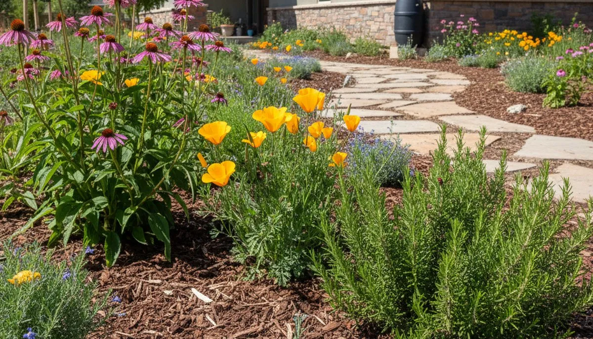 Organic landscape beds with natural mulch and native plants in Bakersfield, CA by Chop Chop Landscaping