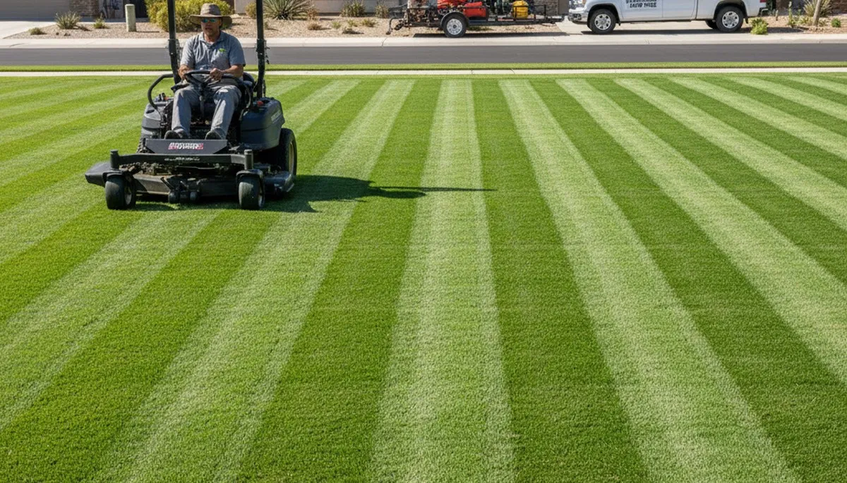 Commercial mower creating precise lawn striping patterns during professional mowing in Bakersfield, CA