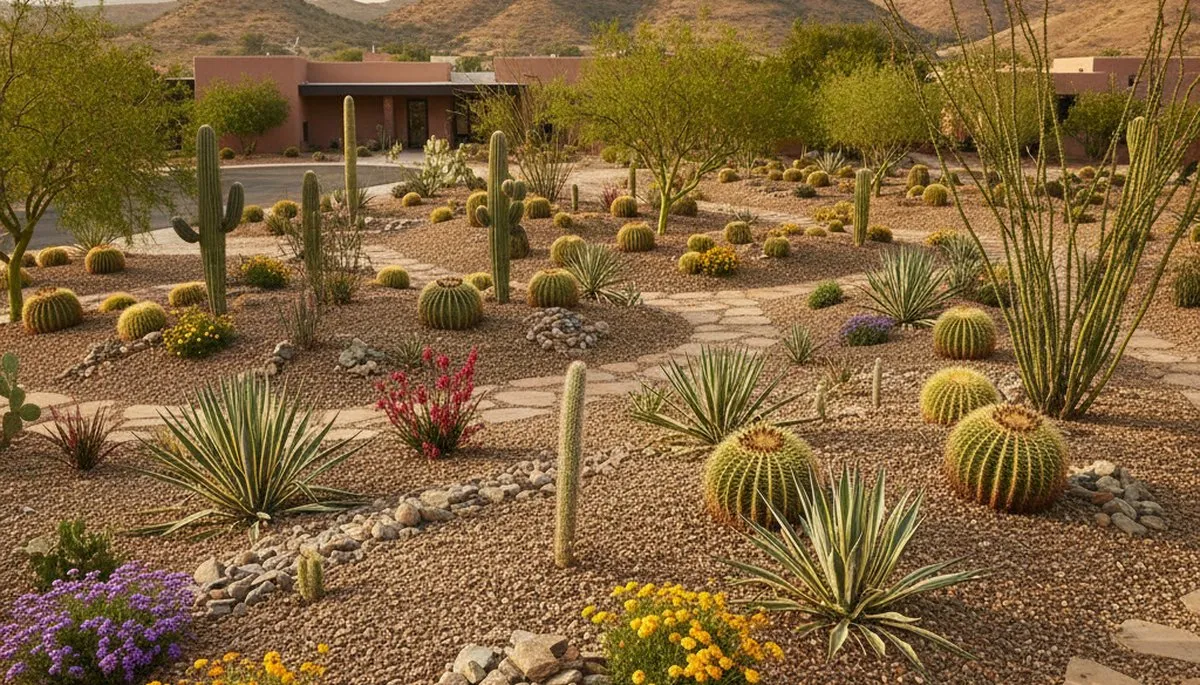 Professional desert landscape with native plants and rock mulch in Bakersfield, CA by Chop Chop Landscaping