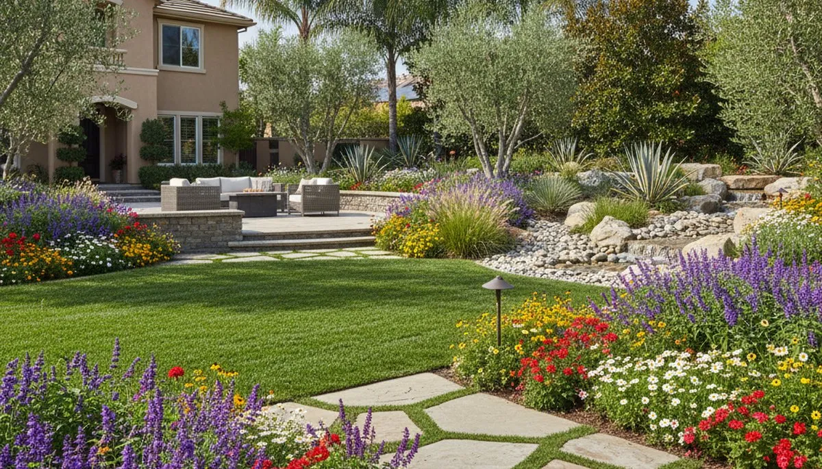 Residential landscape transformation with lush lawn, hardscape, and vibrant plants in Bakersfield, CA