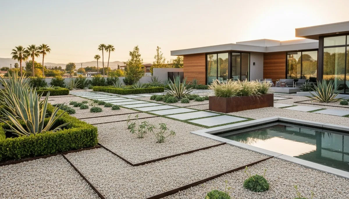 Modern pea gravel landscape with geometric design and low-maintenance plants in Bakersfield, CA