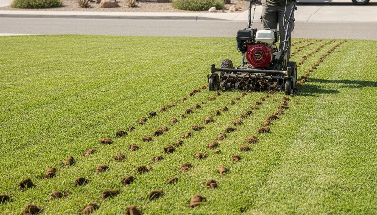 Core aeration machine improving compacted soil on Bakersfield, CA lawn for healthier grass growth