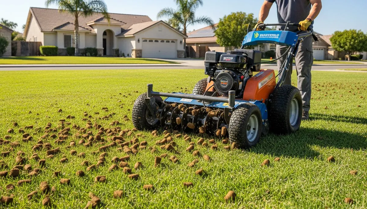 Professional core aerator extracting soil plugs on residential lawn in Bakersfield, CA