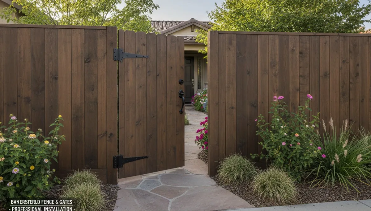 Custom gate and fence installation in Bakersfield, CA with quality hardware and professional landscaping design