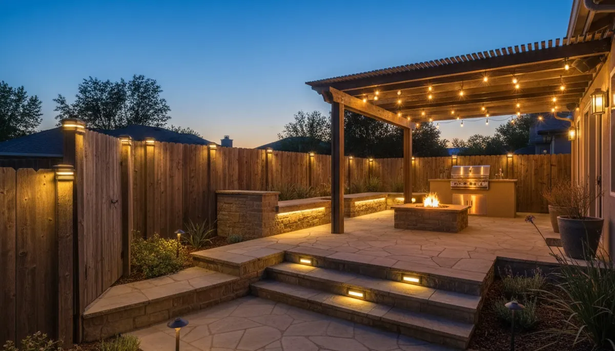Bakersfield CA deck and patio with professional landscape lighting, post cap lights, and warm evening glow