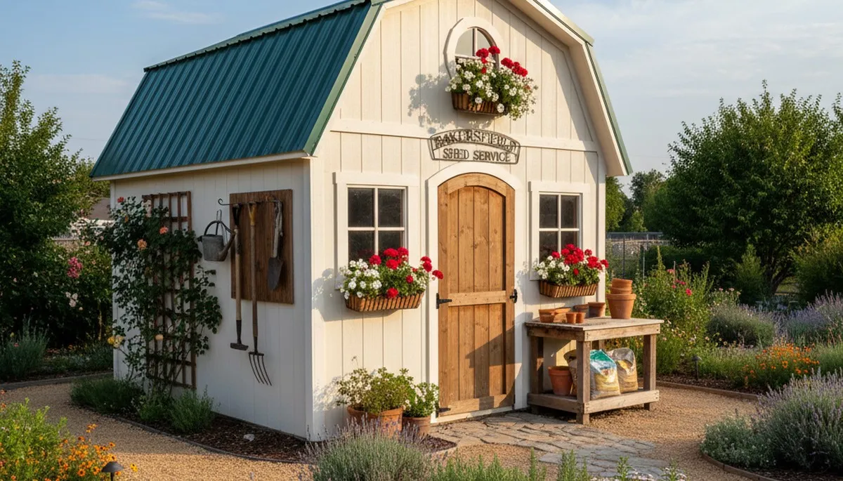 Decorative garden shed with custom landscape design by Chop Chop Landscaping in Bakersfield, CA