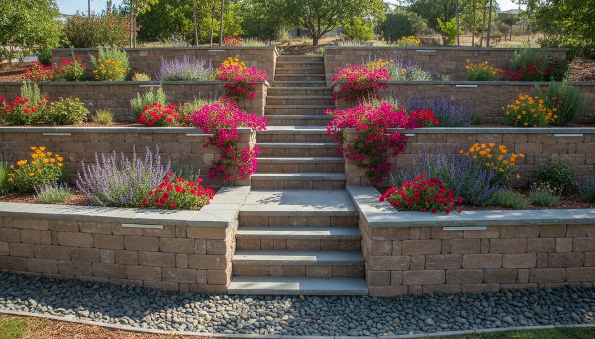 Tiered stone retaining wall with native plantings and landscape lighting in Mc Farland, CA yard