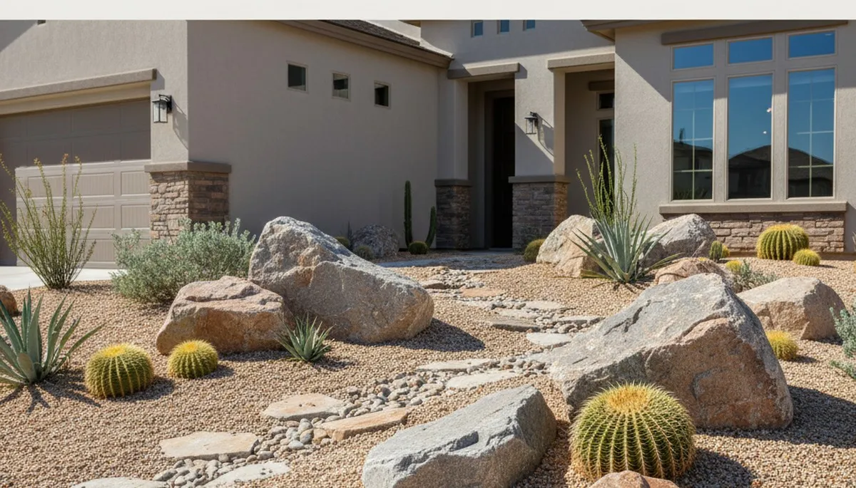 Decorative rock and boulder desertscape with gravel and desert stone by landscapers in Bakersfield, CA