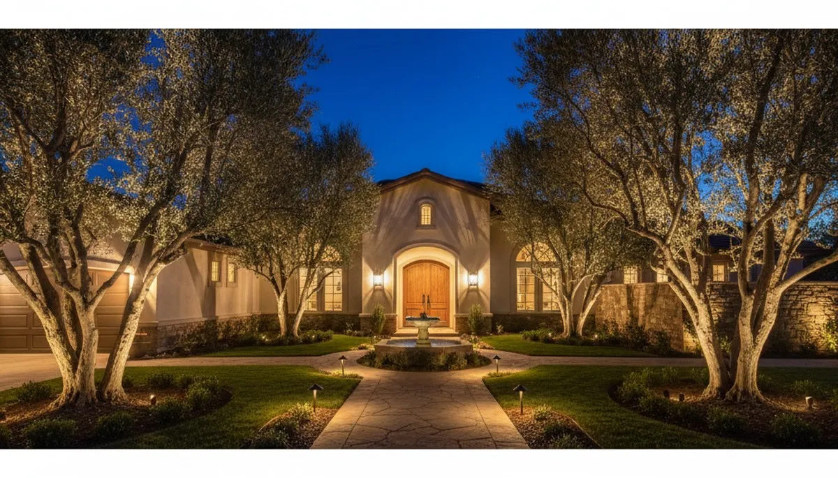 Tree uplighting design by Chop Chop Landscaping in Bakersfield, CA highlighting evening landscape lighting