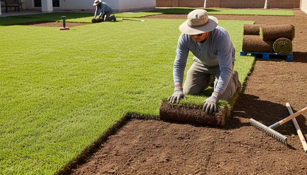 Professional landscaper installing fresh sod with expert technique in Bakersfield, CA lawn project