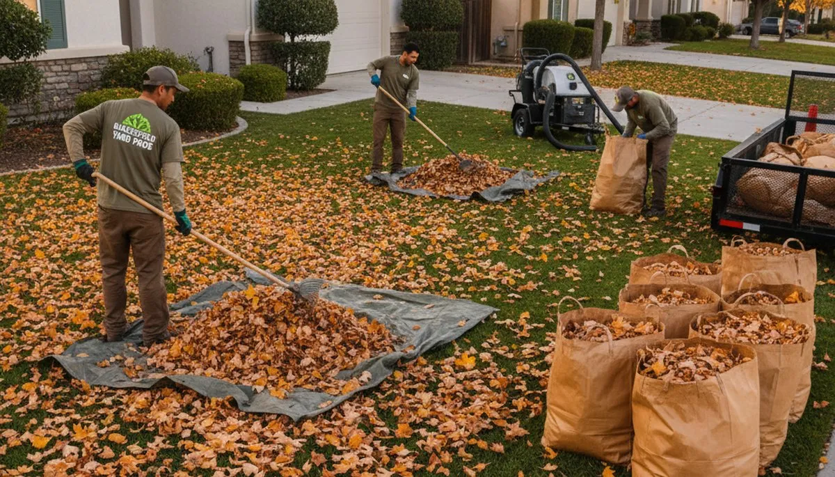 Technicians performing fall leaf removal and yard cleanup at a residential property in Bakersfield, CA