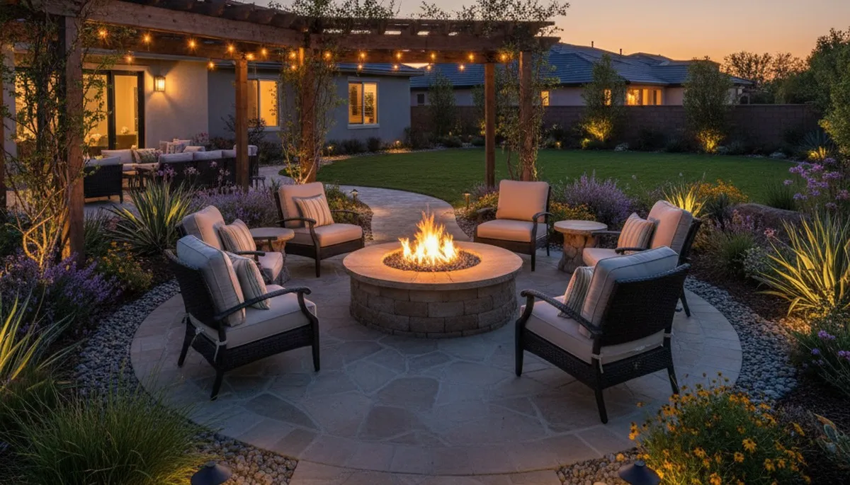 Fire pit patio with circular seating and native landscaping in Mc Farland, CA by Bakersfield landscapers