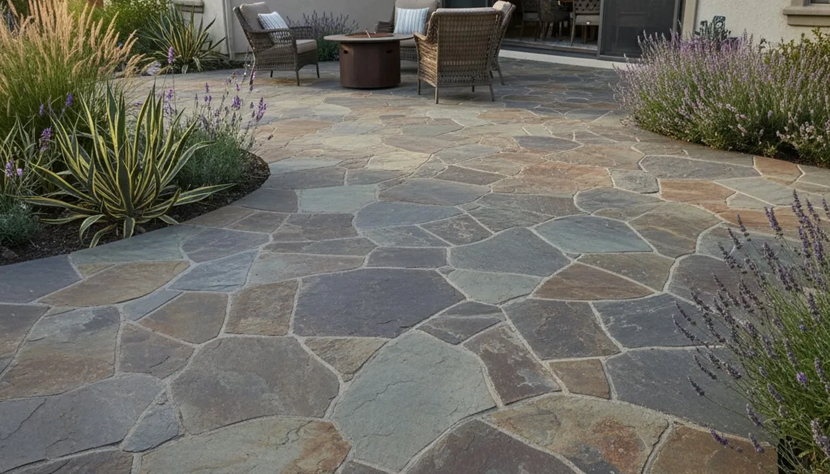 Flagstone patio installation with natural stone pavers by Chop Chop Landscaping in Bakersfield, CA