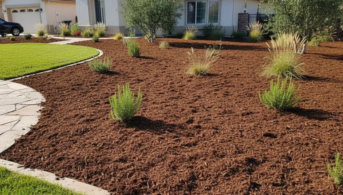 Fresh mulch installation with clean edges and even coverage by landscapers in Bakersfield, CA