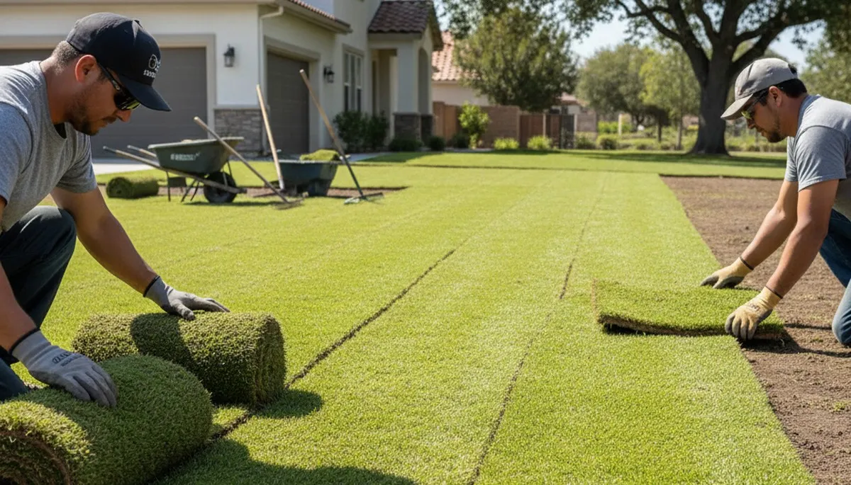 Professional landscapers installing fresh sod rolls with tight seams in Bakersfield, CA
