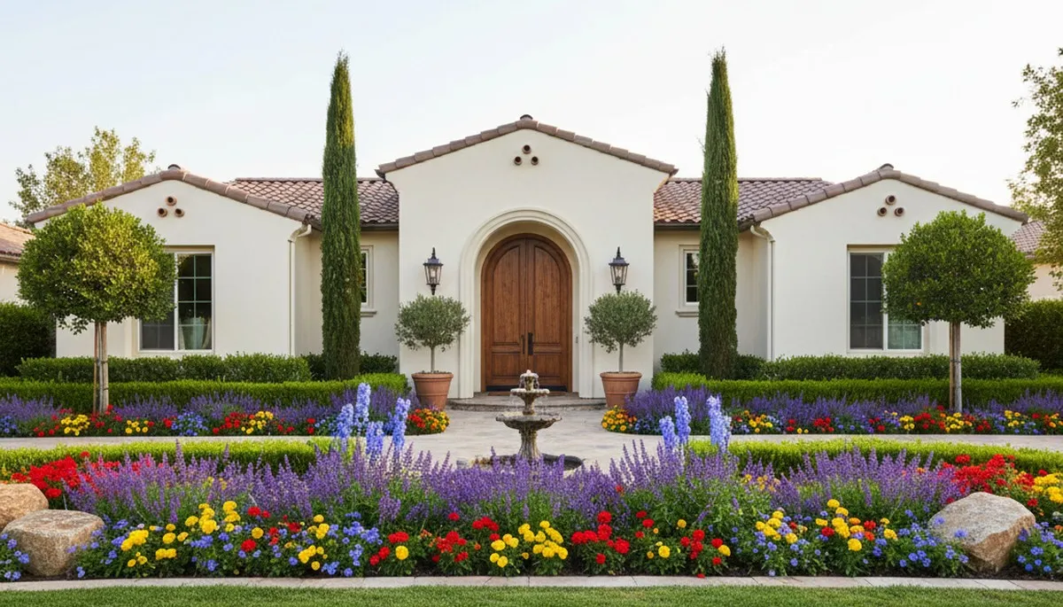 Front yard curb appeal with colorful plants and shrubs by professional landscapers in Bakersfield, CA