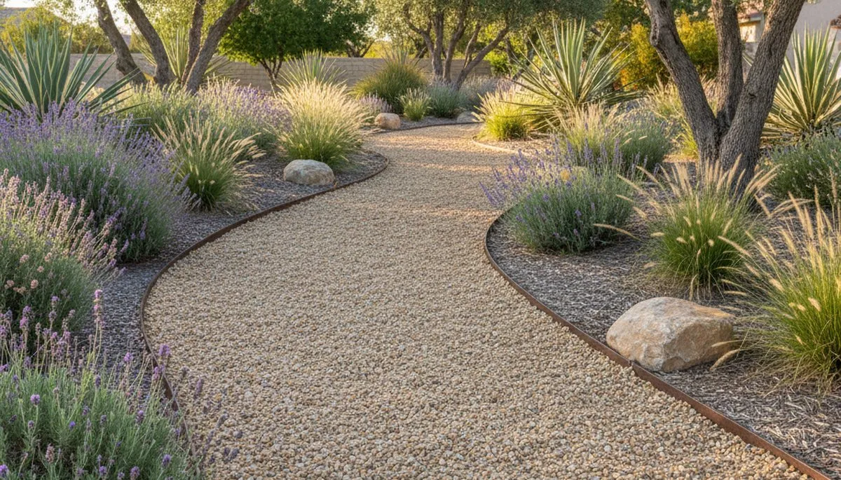 Pea gravel garden pathway with natural edging in Bakersfield, CA landscape by Chop Chop Landscaping
