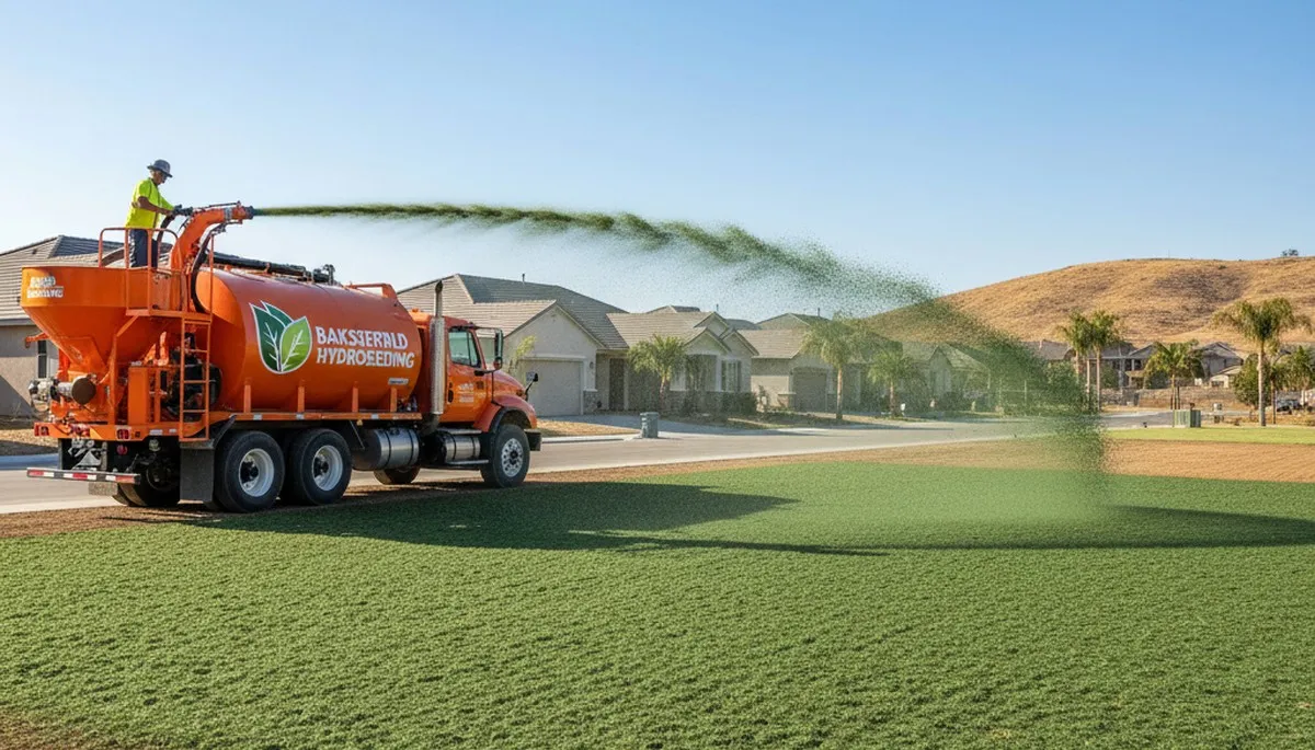 Professional hydroseeder truck spraying green slurry for lawn seeding in Bakersfield, CA