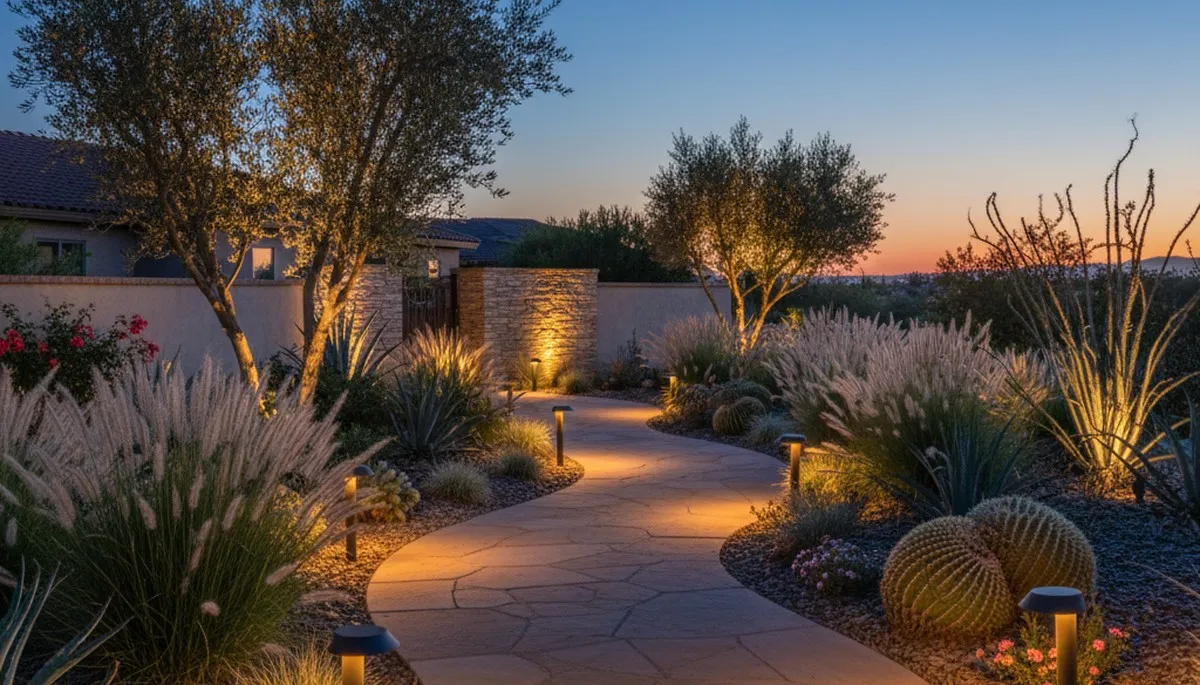 Evening walkway with professional landscape lighting in Bakersfield, CA by Chop Chop Landscaping