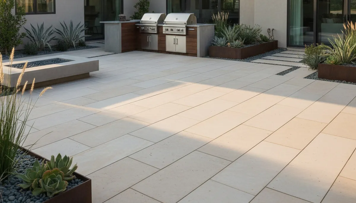 Modern large-format stone slab patio installation by Chop Chop Landscaping in Bakersfield, CA