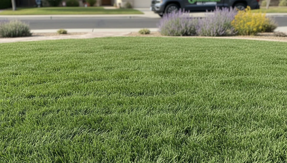 Lush green residential lawn in Bakersfield, CA showcasing professional lawn care and landscaping results