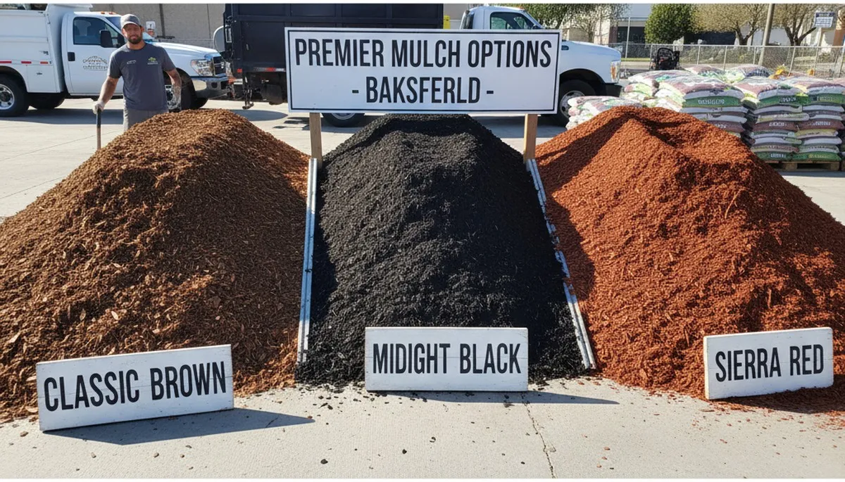 Premium brown, black, and red mulch color options for Bakersfield, CA landscapes by Chop Chop Landscaping