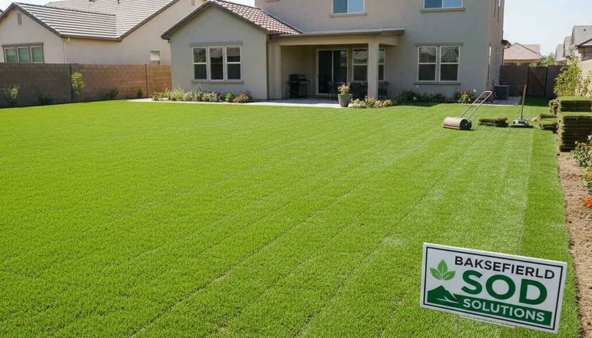 Freshly installed green sod lawn in Bakersfield, CA showcasing professional landscaping results