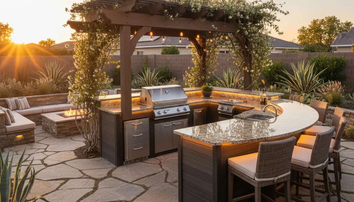 Modern outdoor kitchen with pergola and granite bar by Bakersfield landscapers in Mc Farland, CA