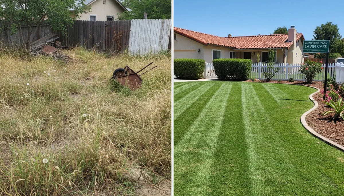 Before and after lawn mowing showing overgrown to trimmed yard by landscapers in Bakersfield, CA