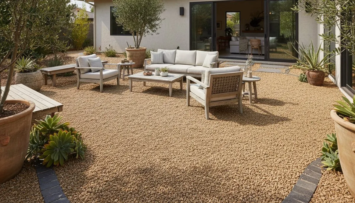 Pea gravel patio installation with edging and furniture by Chop Chop Landscaping in Bakersfield, CA
