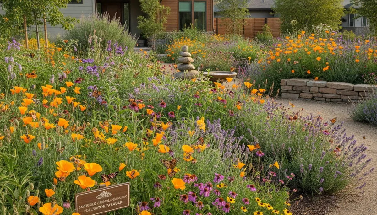 Organic pollinator garden with native flowers and bees by Chop Chop Landscaping in Bakersfield, CA