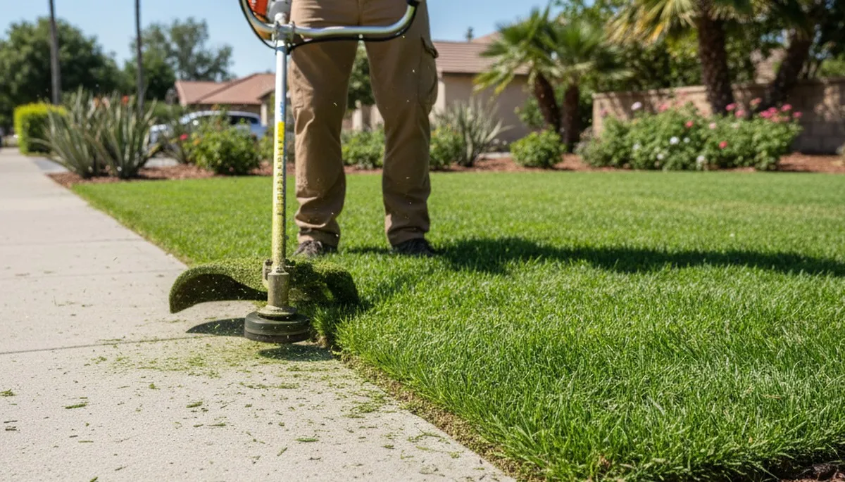 Technician edging lawn borders with string trimmer in Bakersfield, CA lawn maintenance service