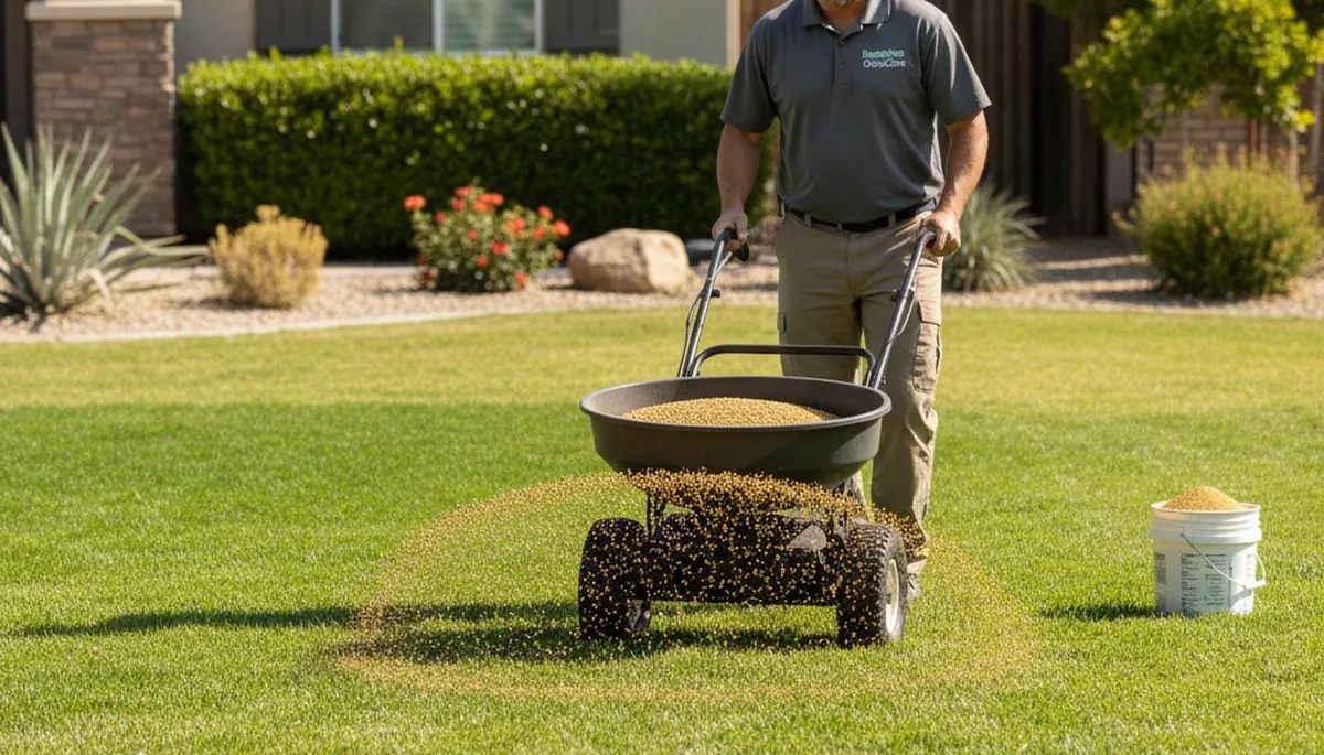 Lawn care technician applying fertilizer with spreader on residential lawn in Bakersfield, CA