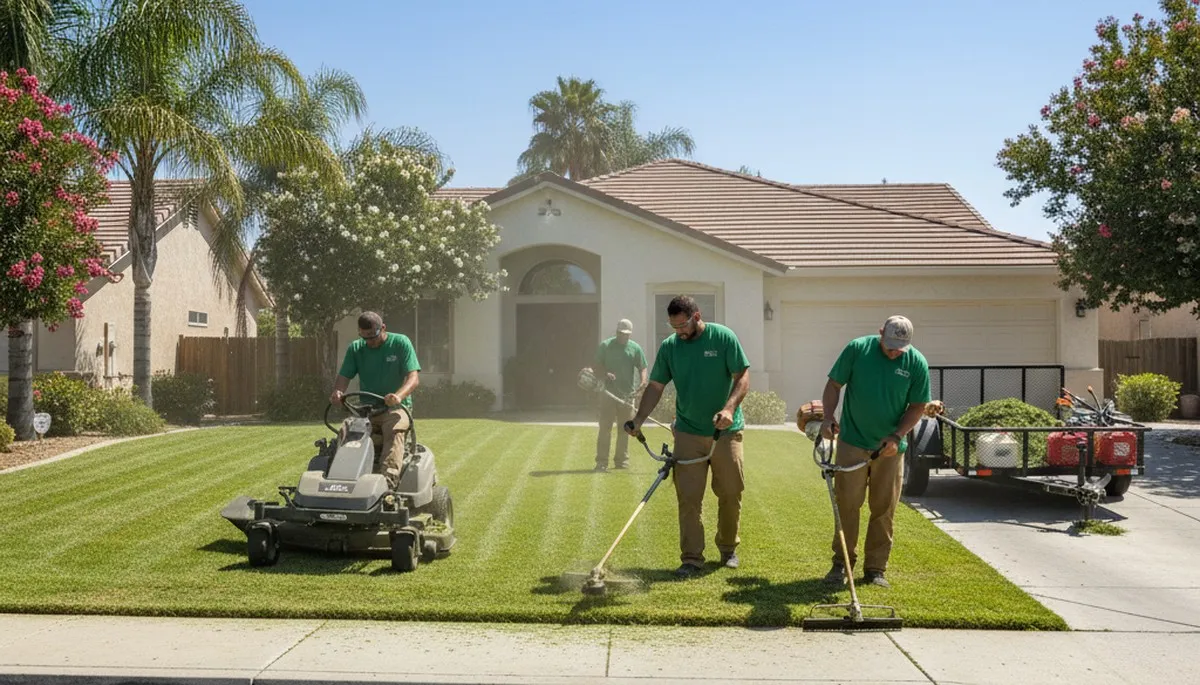 Professional crew mowing and edging residential lawn in Bakersfield, CA for expert landscaping service