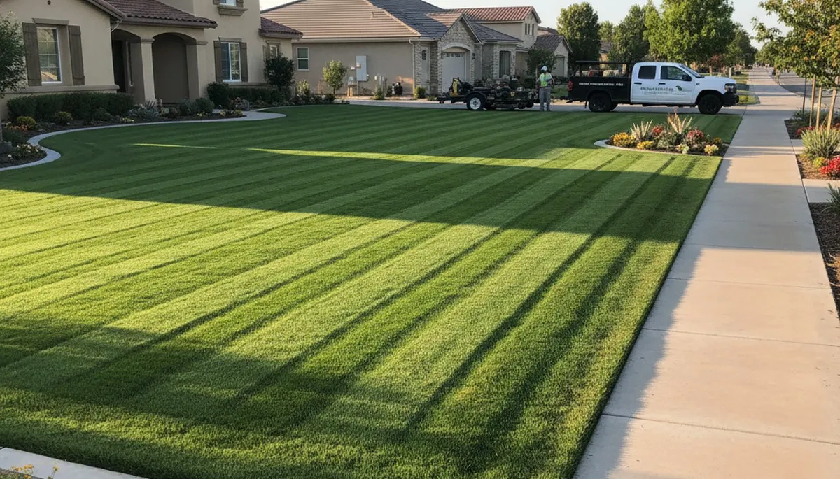 Professional lawn striping and edging showcasing manicured grass in Bakersfield, CA landscaping service