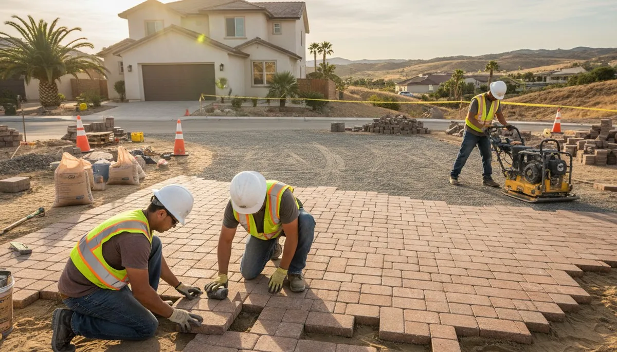Professional crew installing driveway pavers in Bakersfield, CA with precise leveling and base preparation