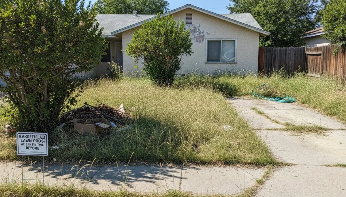 Overgrown lawn and debris before professional lawn maintenance in Bakersfield, CA