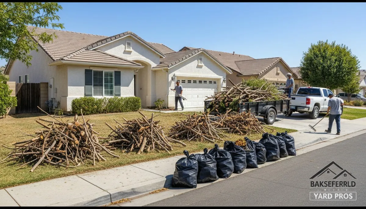 Professional yard cleanup crew removing branches and debris in Bakersfield, CA landscaping project