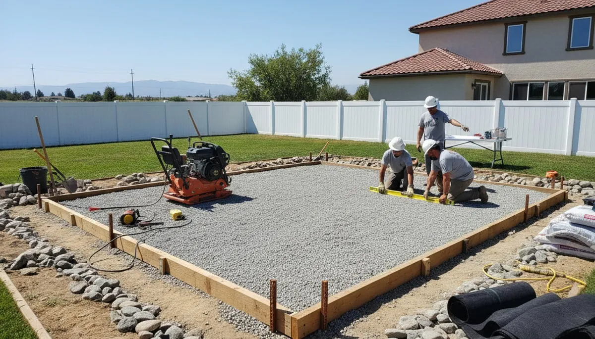 Shed base preparation with gravel foundation by Chop Chop Landscaping in Bakersfield, CA