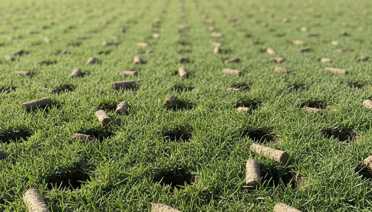 Close-up of soil core plugs after lawn aeration on a Bakersfield, CA yard by Chop Chop Landscaping