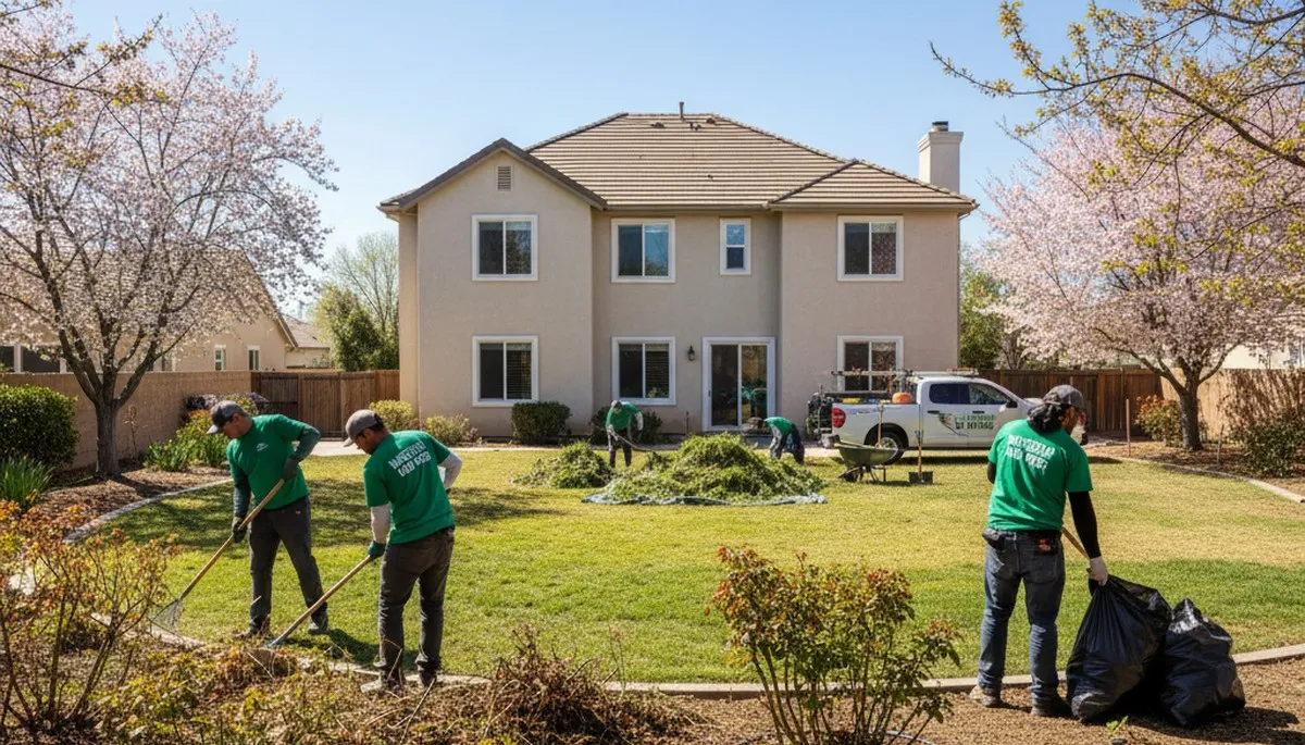 Landscapers clearing winter debris and pruning gardens during spring yard cleanup in Bakersfield, CA