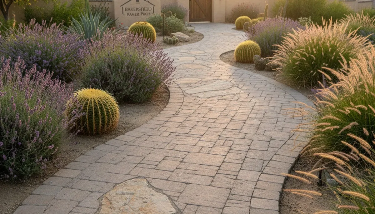 Curved stone paver pathway with natural landscaping by professional landscapers in Bakersfield, CA